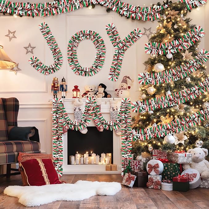 50Ft Christmas Tinsel Garland Red Green and White Xmas Tree Decorations Metallic Glitter Twist Garland for Christmas Decorations Anniversary Birthday Wedding Holiday Supplies Indoor Outdoor Supplies