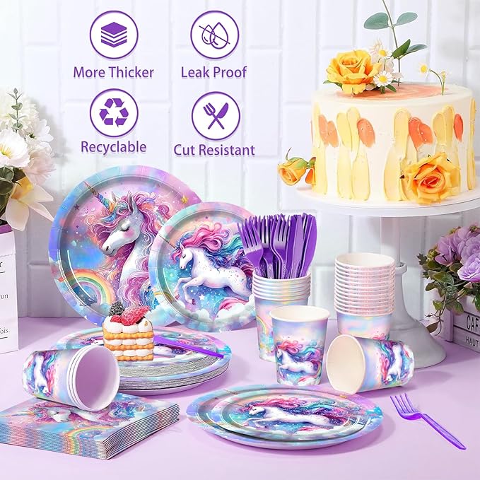168PCS Unicorn Party Supplies Set for 24 Guests, Magical Unicorn Plates, Cups, Napkins, Straws, and Cutlery, Disposable Tableware Set for Birthday, Baby Shower, and Girls’ Party Decorations