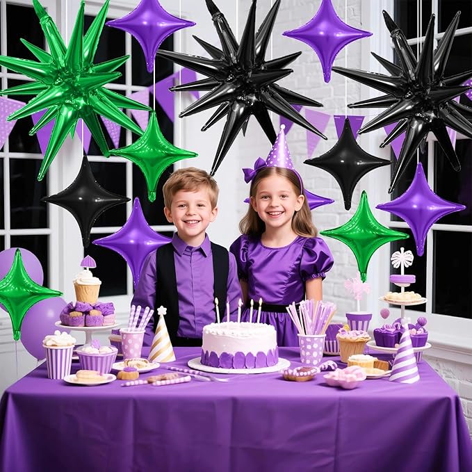 Black Purple Green Star Balloon,6Pcs 22Inch Explosion Star Balloons and 10Pcs 10Inch Four Angle Balloons Kit for Halloween Birthday Anniversary Baby Shower Wedding Party Decorations