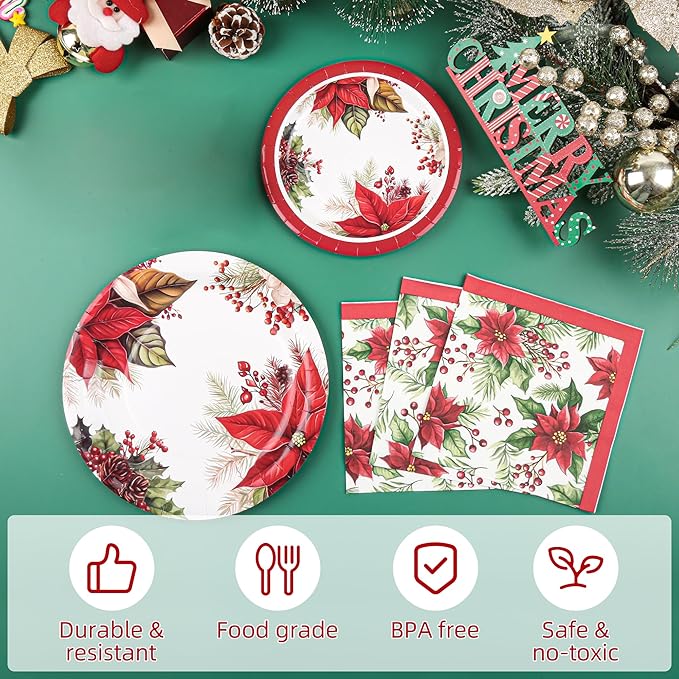 150Pcs Christmas Paper Plates and Napkins Set Christmas Poinsettia Flowers Design Disposable Holiday Plates Dinnerware for Xmas Holiday Winter Party,Serves 50
