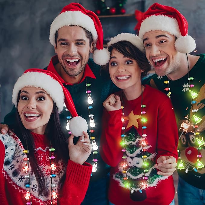 100pcs Christmas Necklaces Bulk, Light up 4 Kinds Christmas Necklace Accessories, Colorful 3 Modes Xmas Bulb Necklaces Party Favors, Xmas Ugly Sweater New Year Family Party Supplies Decorations