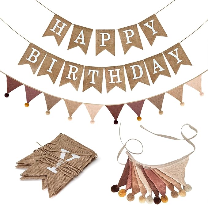 Burlap Happy Birthday Banner with Pennant Banner Flags for Birthdays Decorations, Brown Burlap Happy Birthday Signs Bunting for Men Women Boys Girls kids Neutral Celebration Party Backdrops