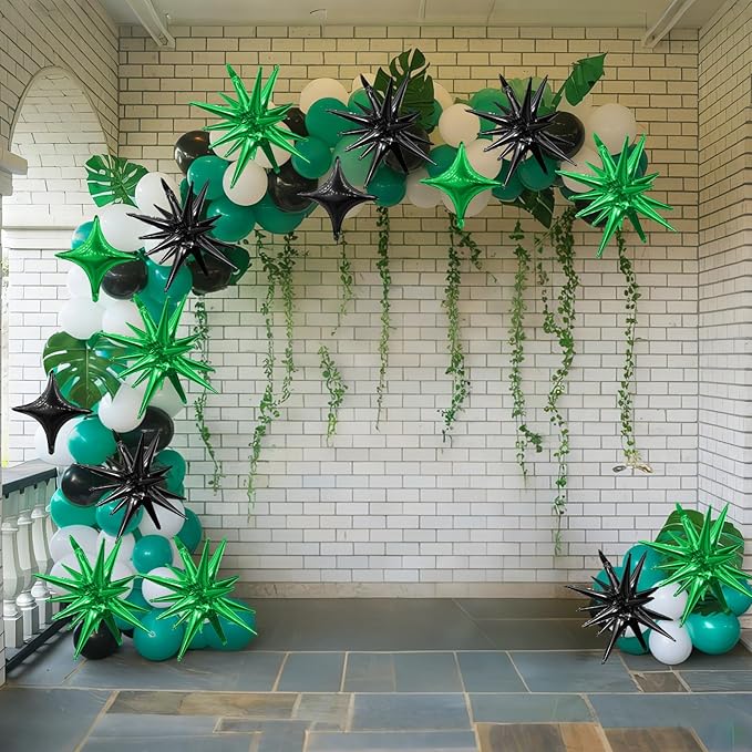 Black Green Star Balloon,6Pcs 22Inch Explosion Star Balloons and 10Pcs 10Inch Four Angle Balloons Kit for Birthday Halloween Anniversary Baby Shower Wedding Party Decorations