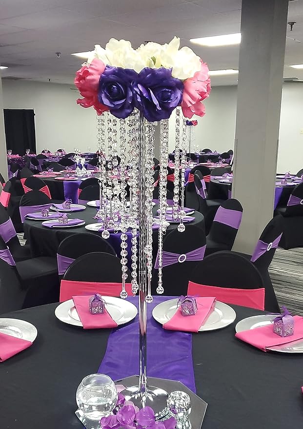 21.6in Wedding Center Stand, Silver Metal Flower Holders Centerpiece Vase with Crystal 2-Piece Charming Candle Holder,for Reception Tables Décor Wedding Anniversary Party Centerpieces