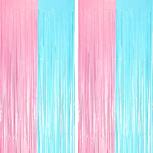 2 Pack Pastel Blue and Pink Foil Fringe Backdrop Curtains, Tinsel Streamers Party Decorations, Fringe Backdrop for Gender Reavel, Baby Shower Party
