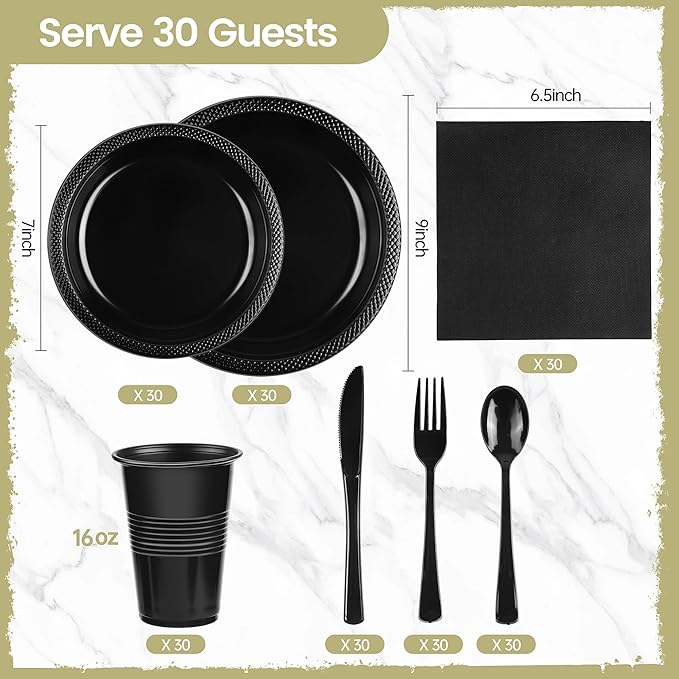240 Pieces Black Plastic Dinnerware Set for 30 Guests Disposable Party Plates Napkins Cups and Silverware Dessert Dinner Plates for Birthday Wedding Halloween Party Supplies