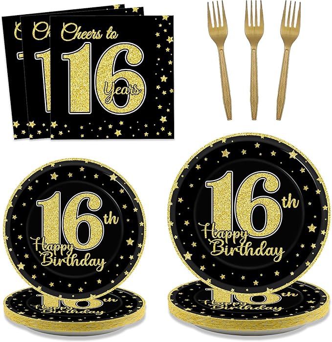96 Pcs 16th Birthday Party Supplies for 24 Guests Cheers to 16 Years Tableware Table Decorations Black Gold 16th Birthday Plates Napkins Dinnerware for Boys Girls 16 Years Old Birthday Party Favor