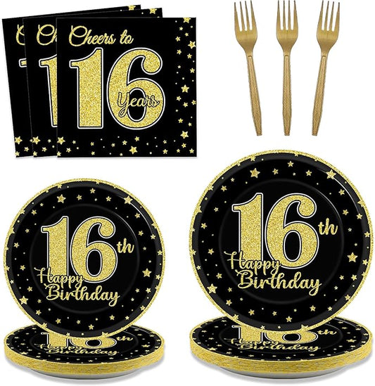 96 Pcs 16th Birthday Party Supplies for 24 Guests Cheers to 16 Years Tableware Table Decorations Black Gold 16th Birthday Plates Napkins Dinnerware for Boys Girls 16 Years Old Birthday Party Favor