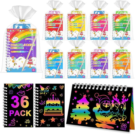 Party Favors for Kids: 36 Pack Scratch Art Notebooks with Rainbow Colors, 2-in-1 Coloring & Scratch Books, Bulk Birthday Gifts, Goodie Bags, Classroom Prizes for Boys & Girls