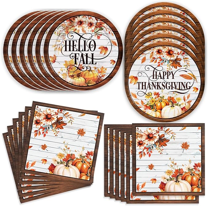 Egami 40pcs Thanksgiving Party Supplies,include 20 Dessert plate and 20 Napkin,Thanksgiving Party Plate Napkin Set，Used for Maple Leaf Party Decoration