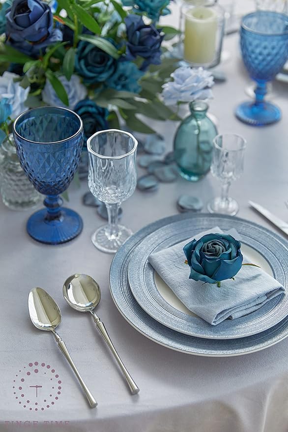 TINGE TIME Artificial Flowers, 25pcs Real Looking Dusty Blue Rose Fake Roses w/Stem for DIY Wedding Bouquets Centerpieces Arrangements Party Baby Shower Home Decorations