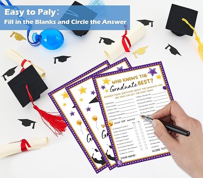30 Grad Party Games Cards, Purple Graduation Trivia Game Card, Graduation Party Supplies for Group Activities, Who Knows The Graduate Best, Graduation Party Favors for High School College University,3