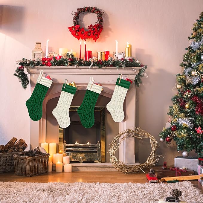 2 Pack 18" Personalized Christmas Stockings, 18inch Large Cable Knitted Xmas Hanging Stocking Decorations for Holiday Christmas Party Family Decor (Lvory/Green)