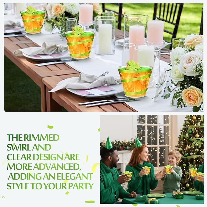 Gejoy 9 oz Rimmed Swirl Plastic Cups Disposable Wine Drinking Cups Clear Elegant Halloween Tumblers for Christmas Party Supplies(Sage Green,100 Pcs)