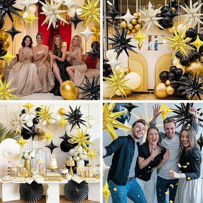 Black White Gold Star Balloon,Sand White Gold 6Pcs 22Inch Explosion Star Balloons and 10Pcs 10Inch Four Angle Balloons Kit for Birthday Anniversary Baby Shower Wedding Party Decorations