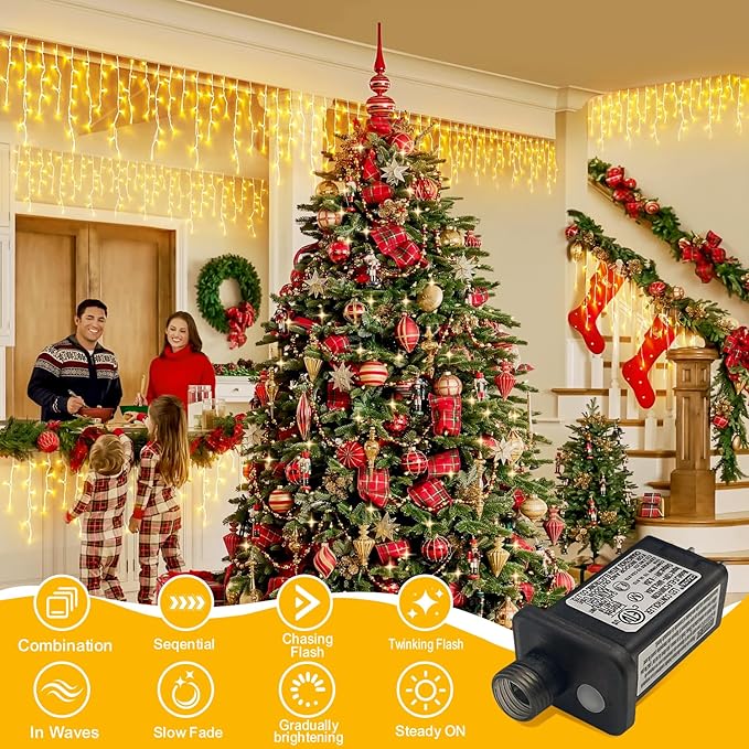 320 LED White Icicle Lights Outdoor Waterproof, 32.8FT Connectable Christmas String Lights with Remote & Timer, 8 Lighting Modes Dimmable Holiday Wedding Party Decorations