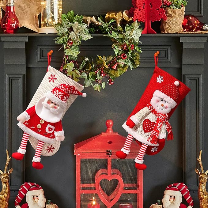 2 Pack Christmas Stockings, 19.7 Inch Large Stockings, Personalized Knitted 3D Pattern Santa Snowman Socks, Eve Candy Stocking Bag for for Holiday Xmas Party Decoration (Style 1)