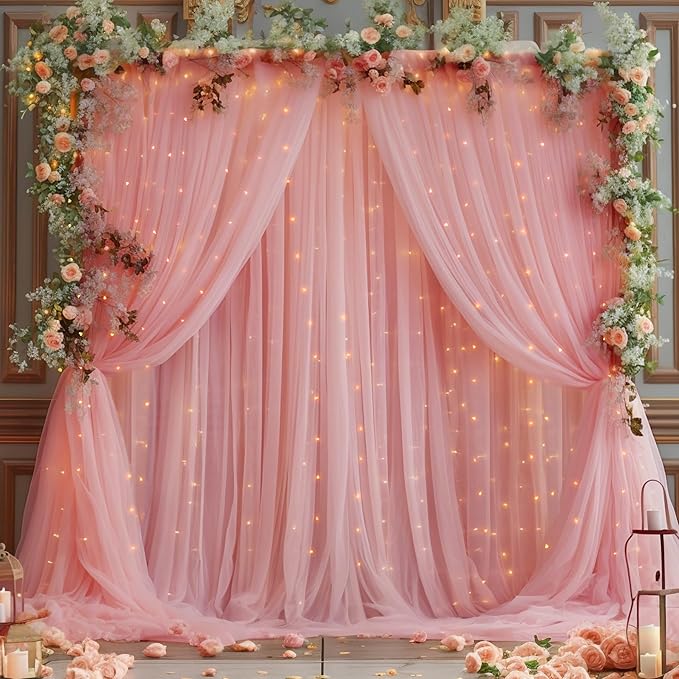 20ft x 10ft Dusty Rose Backdrop Curtain with Lights String for Parties, Sheer Tulle Wedding Photo Backdrops Drapes for Baby Shower Birthday Party Decorations Background for Photography