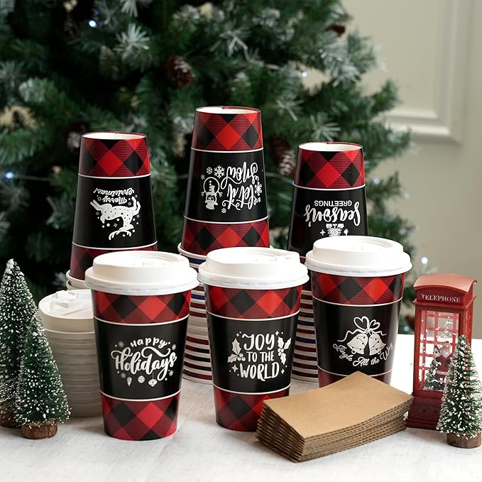 JOYIN 24 PCS Christmas Buffalo Plaid Paper Cups with Sleeves and Lids, 6 Designs 16 oz Xmas Drinkware Coffee Cups for Hot Cocoa Chocolate Cold Beverage Holiday Tableware Winter Party Supplies