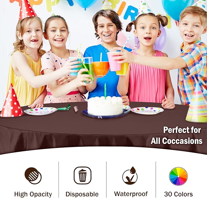 Party Solids 6-Pack Premium Plastic Tablecloth 84in. Round Plastic Table Cover - Brown