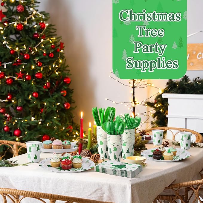 Pickmesh 400 Pcs Christmas Party Supplies Green Silver Xmas Tree Snowflake Disposable Paper Plates Napkins Cups Cutlery for Winter Xmas Christmas Birthday Party Table Decorations Serve 50