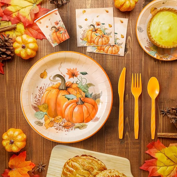 WinTS 170 pcs Thanksgiving Plates Set for 24 Guests,9" x 7" Thanksgiving Themed Party Disposable Dinnerware Set Thanksgiving Pumpkin Dinner Paper Plates for Harvest Autumn Holiday Fall Party