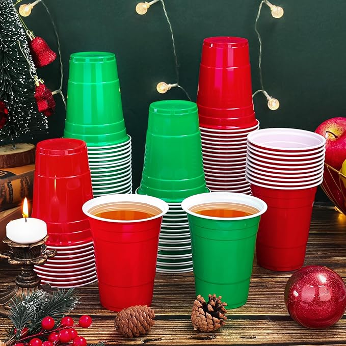 KesaPlan 100 PCS 16 OZ Plastic Cups, Christmas Party Cups Red and Green Cups Disposable Cups Bulk for Party Graduation Thanksgiving Wedding Birthday Halloween Family Gatherings Festive Celebrations