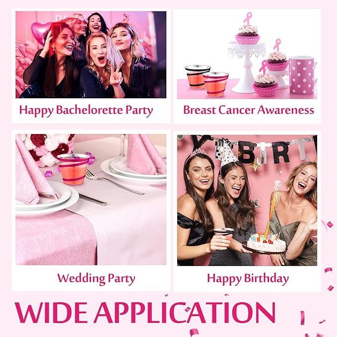 Gejoy 9 oz Rimmed Swirl Plastic Cups Disposable Wine Drinking Cups Clear Elegant Halloween Tumblers for Christmas Party Supplies(Hot Pink, Black,100 Pcs)