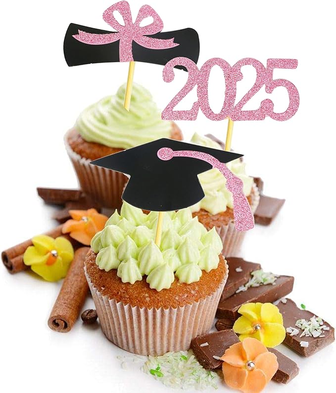 2025 Graduation Cupcake Toppers, 48 PCS Food/Appetizer Picks For Graduation Party Mini Cake Decorations, Diploma, 2025, Grad Cap Set 48 Pieces (06 Pink)