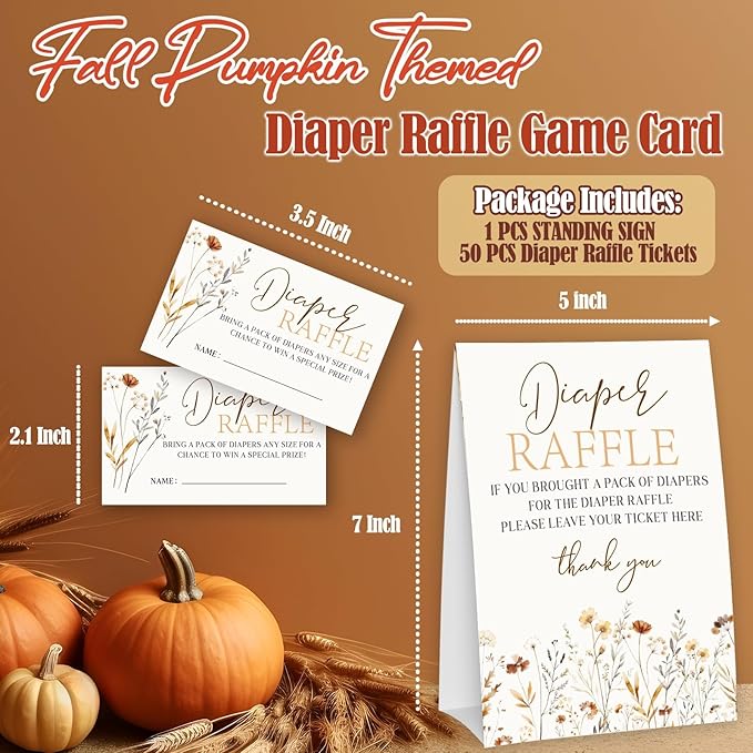 Wildflower Diaper Raffle Tickets and Sign, Thanksgiving Baby Shower Card Set (1 Sign and 50 Cards), Fall Floral Gender Reveal Party Favor Supplies -A16