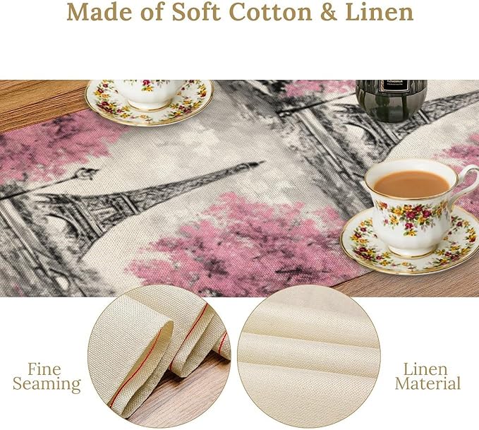 Paris Eiffel Tower Table Runner, Watercolor Eiffel Tower Dinner Runner for Farmhouse Kitchen Dining Table Holiday Party Decoration 13 x 70 Inch