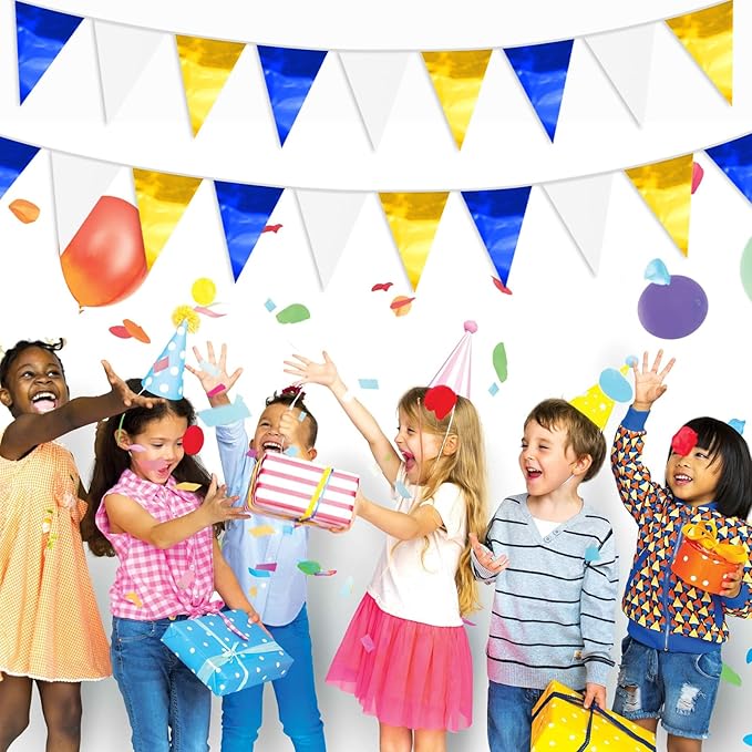 65FT Navy-Blue White Gold Glitter Triangle Pennant Banner Flag Metallic Bunting Fabric Garland for Christmas Graduation Retirement Wedding Bridal Shower Nautical Ahoy Achor Party Decorations Supplies