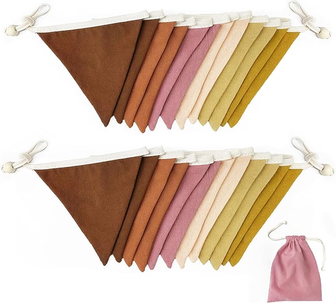 2 Sets of Yellow Dusty Pink Brown Nursery Garland 24pcs Linen Fabric Baby Banner Triangle Pennant Flags Streamers for Kids Girls Birthday Boho Baby Shower Party Decorations Baby Bedroom Nursery Decor