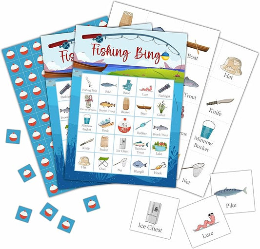 Fishing Bingo Cards, Camp Let's Go Fishing Bingo Games for 24 Players, Camping Party Games for Family Friends Large Group Activities, Fishing Party Favors Supplies Decorations(30)