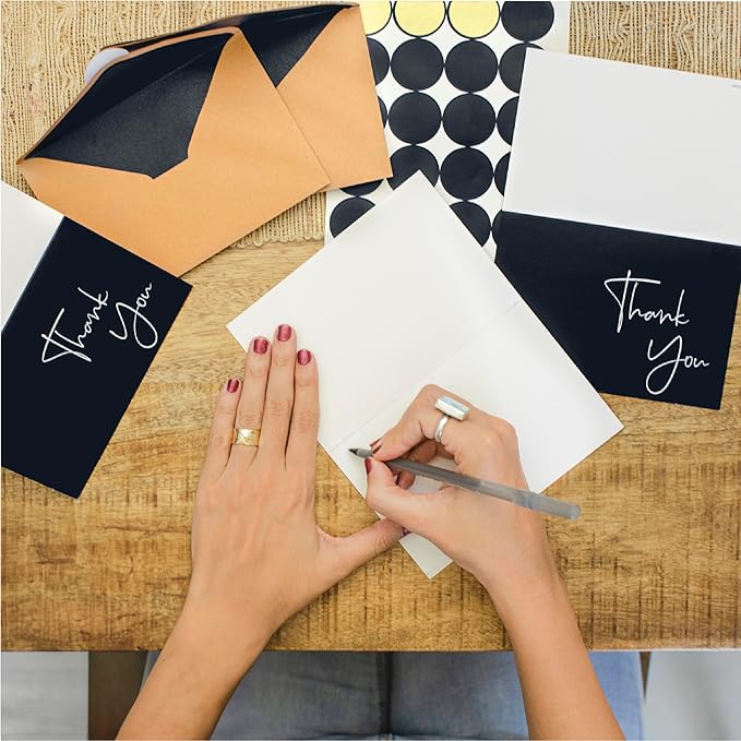 VNS Creations Thank You Cards With Envelopes Bulk Set & Stickers - 100 Pack 4x6 Blank Thank You Notes Bulk Box Set - Large Note Card Small Business, Wedding, Baby Shower & Bridal Shower - Black