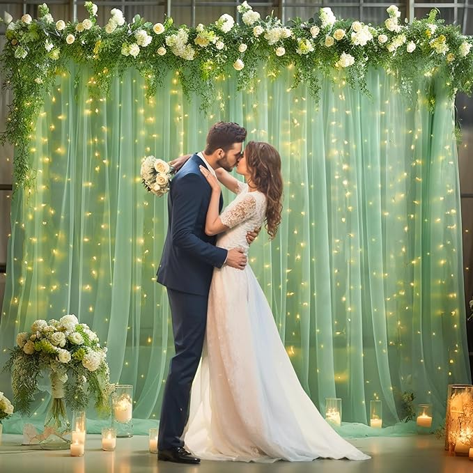 20ft x 10ft Green Backdrop Curtain with Lights String for Parties, Sheer Tulle Wedding Photo Backdrops Drapes for Baby Shower Birthday Party Decorations Background for Photography