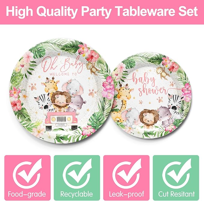 Safari Birthday Supplies Tableware Girl - Safari Jungle Baby Shower Party Decorations Include Plates, Cups, Napkins, Tableware, Wild Birthday Baby Shower Decorations | 24 Guests