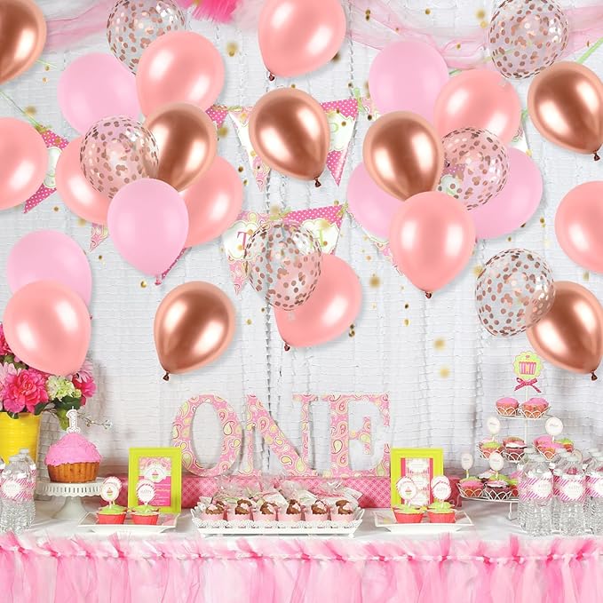 Rose Gold and Pink Balloons, Blush Pink Metallic Rose Gold Balloons Retro Pink Pastel Pink Rose Gold Confetti Balloons For Girls Birthday Party Boho Wedding Anniversary Party Decorations