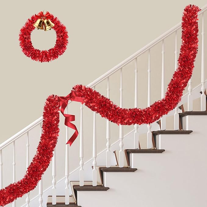 50FT Red Christmas Tinsel Garland Metallic Twist Xmas Garland for Christmas Tree Decorations Holiday Hanging Garlands for Mantel Staircase Indoor Outdoor Home Office Classroom Party Holiday Decor