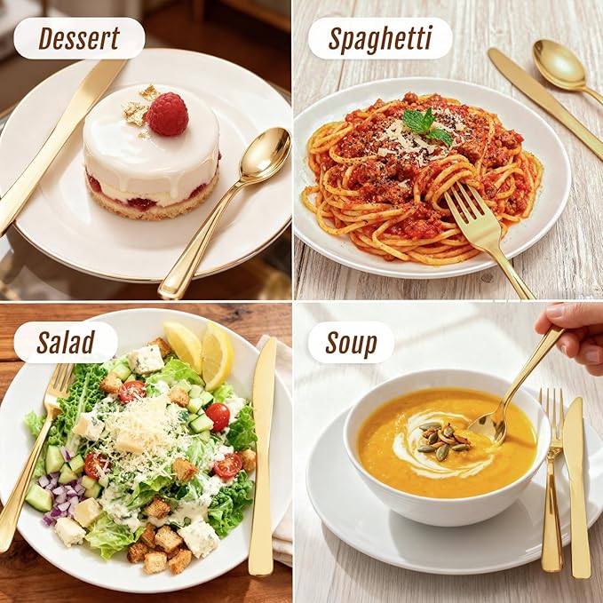 WDF 500PCS Gold Plastic Silverware Set Disposable - Gold Cutlery Set Plastic - 250Forks, 125 Spoons, 125 Knives for Thanksgiving Party, Birthday, Wedding