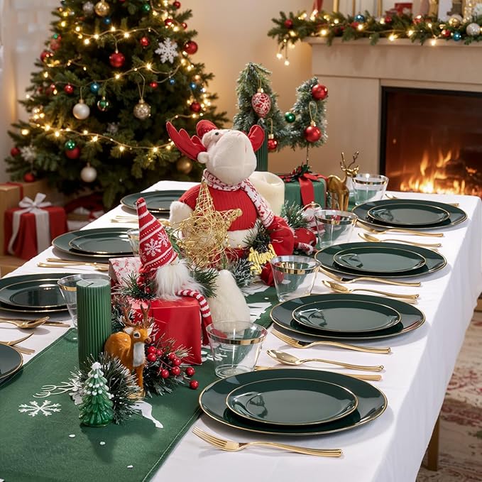 WDF 150Pcs Green Plastic Plates - Green Plates Disposable with Gold Rim - 25Guest Disposable Dinnerware Include 50 Christmas Plastic Plate, 75 Gold Cutlery & 25 9oz Cups for Christmas & Parties