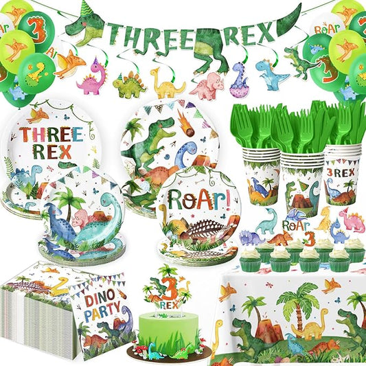 3rd Birthday Dinosaur Decorations Set - 197 Pcs Serves 24, 3-Rex Theme Kit with Tablecloth, Banner, Balloons Tableware & Cake Toppers