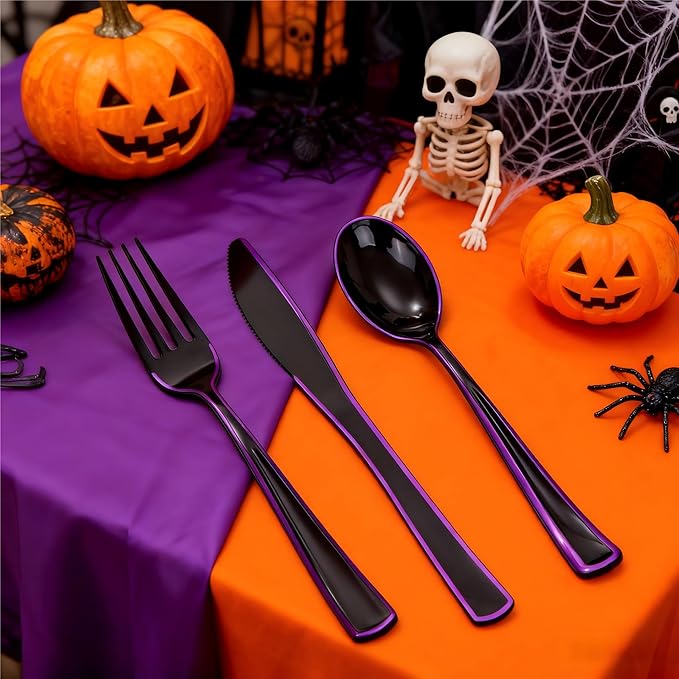 WDF 180 Pieces Black and Purple Halloween Plastic Silverware - Black Flatware Set Include 60 Forks, 60 Knives and 60 Spoons Heavy Duty Plastic Cutlery Purple Utensils for Halloween Party/Birthday