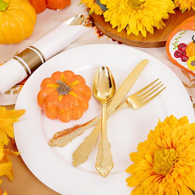 Liacere 400PCS Gold Plastic Silverware - Pre Rolled Napkins Disposable Gold Plastic Cutlery-Premium Quality Utensils-Includes 100Forks,100Knives,100Spoons,100 Napkins & Wedding & New Year