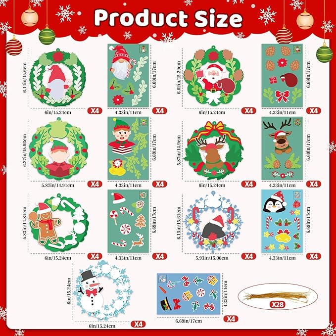 28 Pack Christmas Ornament Crafts for Kids Party Favors, Make Your Own Christmas Wreaths DIY Hanging Ornaments, Christmas Stickers for Crafts Kids Ornament Making Kit for Holiday Xmas Classroom