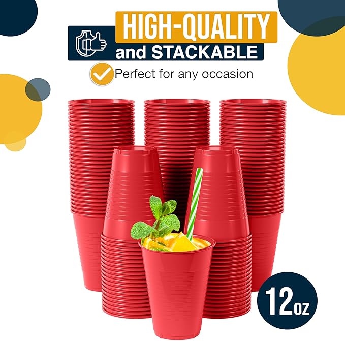 Exquisite Party Solids 12 Oz Red Plastic Cups For Party Supplies 50 Pack | Red Disposable Cups Plastic | Disposable Drinkware For Parties, Events & Everyday