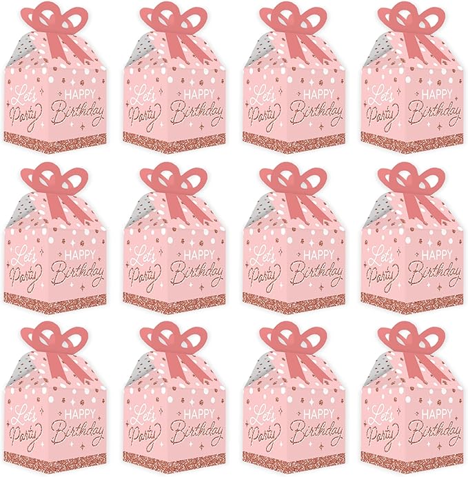 Big Dot of Happiness Pink Rose Gold Birthday - Square Favor Gift Boxes - Happy Birthday Party Bow Boxes - Set of 12