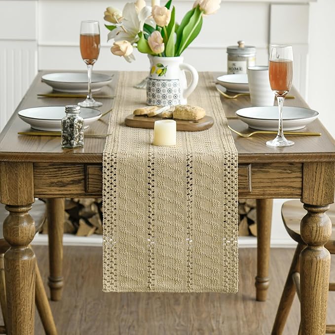 Artoid Mode Burlap Brown Farmhouse Woven Rustic Hollow Table Runner, Seasonal Holiday Hollow Kitchen Dining Table Decoration for Home Party Decor 12x120 Inch