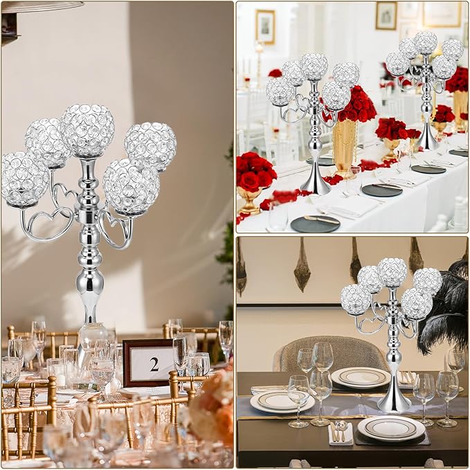 2 Pack 5 Arm Crystal Candelabra Centerpieces 21.5 Inch Tall Candle Holder Table Candelabra Stand with Crystal Candle Holder Bowl for Home Wedding Anniversary Dinner Party Table Decoration (Silver)