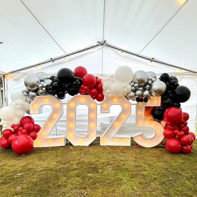 Red Black Balloons, 60 Pcs 12 Inch Double Stuffed Red Matte Black White Balloon with Metallic Silver Balloon for Halloween Vampire Prom New Year Race Car Theme Birthday Poker Card Party Decorations